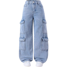 Shein Girls YK Oversized MultiPocket Washed Light Blue Cargo Jeans Casual Streetwear Pants