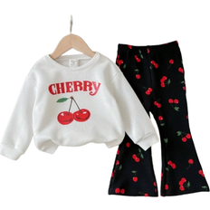 Shein Cute Cherry Pattern Long Sleeve Sweatshirt Set - White