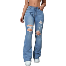 Shein Women's Solid Color Simple Daily Wear Distressed Flared Jeans