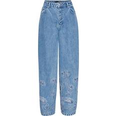 ROTATE Birger Christensen Rhinestone Wide Leg Jeans Dam Straight - Medium Blue Denim
