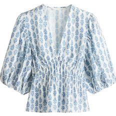 H&M V-Neck Blouse - White/Blue Patterned