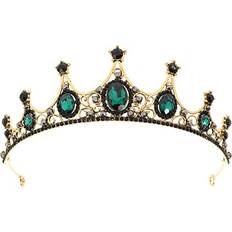 Green Crowns & Tiaras Fancy Dress Lurrose Green Crystal Crown Golden Tiara Black Rhinestone Decor Bridal Head