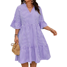Shein Plus Notched Neck Striped Print Ruffle Hem Casual Dress