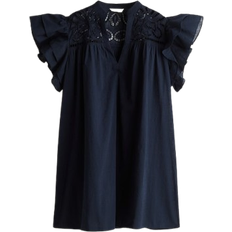 H&M Flutter Sleeve Dress with Broderie Anglaise - Navy Blue