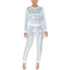 Silver Suits Eosiedur Women's 2 Piece Outfits Sexy Shiny Pants Set - Silver/White