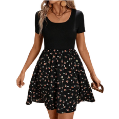Shein Summer Short Sleeve AB Mixed Color Plain Floral Patchwork ALine Casual Vacation Dress With UNeckline