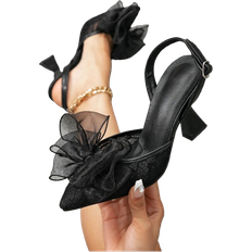 Shein Elegant Black Slingback Pumps For Women, Bow Decor Mesh Point Toe Sculptural Heeled Pumps