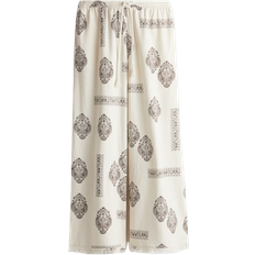 H&M Linen Blend Drawstring Trousers - Light Beige/Paisley Patterned