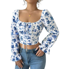 Shein Bluse Mit Blümchen Glockenärmeln - Weiße