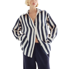 H&M Oversized Linen Shirt Blouse - Navy Blue/Striped