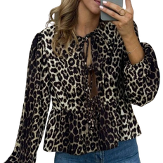 Shein Leopard Print Tie Neck Lantern Sleeve Peplum Blouse