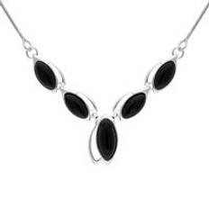 Jewellery C W Sellors Sterling Silver Whitby Jet Graduated Marquise Five Stone Necklace