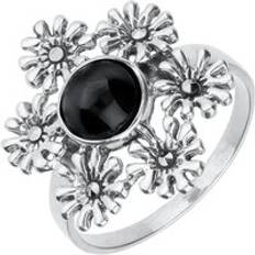 Jewellery C W Sellors Sterling Silver Whitby Jet Marcasite Vintage 6 Flower Petal Ring - Silver