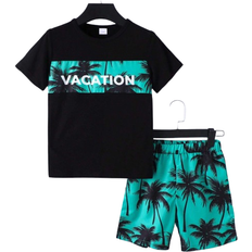 Shein Summer Tween Boys pcsSet Hawaiian Beach Coconut Tree Letter Printed Knitted Loose Short Sleeve TShirt And Shorts Suit