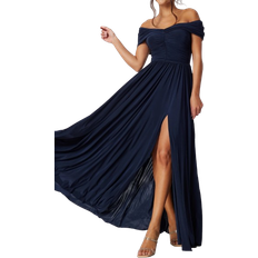 Goddiva Bardot Rouched Maxi Split Dress - Navy