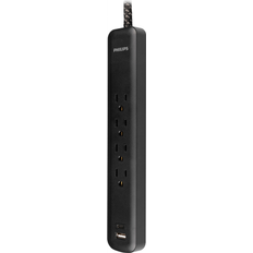 Jasco GE 3ft 4-Outlet Surge Protector 1-USB-C 1-USB-A 12W 490J Braided Cord Black