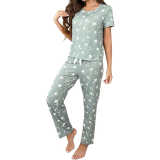 Shein Damen einfaches tägliches Pyjama Set aus Kurzarm-Shirt mit Blumen Muster und Lange Hose