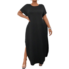 Shein Flirla Plus Size Women's Solid Color Round Neck Dress With Pockets Maxi Women Outfit