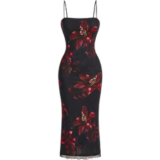 Shein Red Floral Print Mesh Slip DressCruise Women OutfitsChristmas DressElegant DressProm DressRed Women DressesDate Night Dress
