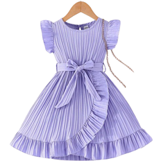 Shein Little Girls Comfortable Casual Ruffle Hem Dress With Waist Belt And Accessories Summer