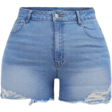 Shein Damen Denim Shorts in Große Größen, Slim Fit Stretch, R ripped lässig Blau