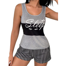Shein Letter Eyelash Printed Color Block Patchwork Casual Tank Top And Striped Shorts Pajama Set pcs