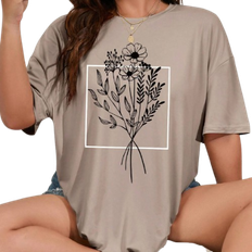 Shein Plus Womens Loose Fit Flower Print Round Neck Drop Shoulder Short Sleeve Casual Tee Summer Graphic TShirt
