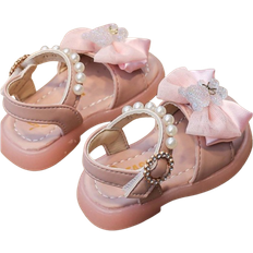 Shein Pink Pearl Decor Bow Knot Ankle Strap Sandals For Infant Girls Comfortable Soft Versatile Elegant