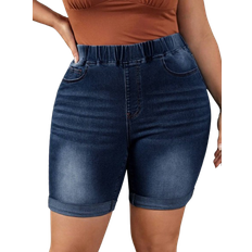 Shein Damen Große Größen Elastische Taille Denim Shorts mit Taschen und aufgerolltem Saum Design für Lässsig kleidung