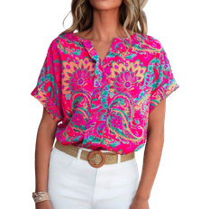 Shein Summer Peasant Paisley Printed Womens Casual Vacation Blouse With Dropped Shoulders