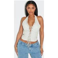 PrettyLittleThing Shape Cream Washed Faux Leather Halter Neck Lace Up Corset - White