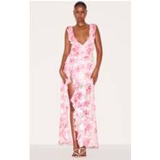 PrettyLittleThing Floral Chiffon Frill Plunge Strappy Maxi Dress - Pink