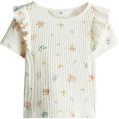 H&M Flounce-Trimmed Cotton Top - Cream/Floral (1282330007)