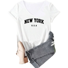 V-Neck T-shirts Shein Casual Oversized VNeck Letter Printed TShirt With Slight Drop Shoulder Summer