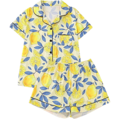 Shein Obst Zitronen Muster Damen Pyjama Set, Kurzarm Top mit Umlegekragen und lockere Shorts, lässige Damen Schlafbekleidung und Loungewear