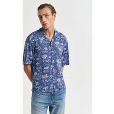 Viscose Shirts Gant Logo Island Print Revere Collar Short Sleeve Shirt - Mid Blue