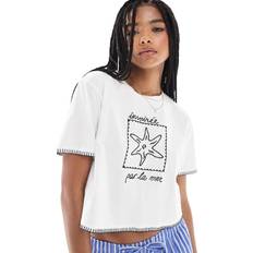 Stradivarius Embroidered Cropped T-shirt - Ecru