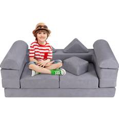 Sofas Kid's Room Costway 9-Piece Modular Kids Play Couch with Breathable Suede Fabric Grey