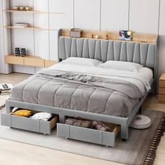 King size bed Garvee Full Size Bed Frame with Drawer Upholstered Platform Bed Frame - Grey (King)