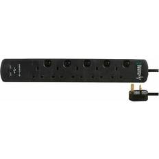 Ex-Pro 5 Way Gang 2m Switched Surge Protect Extension Lead 2 USB Ports Black