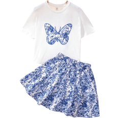 Shein Girls' Butterfly Embroidered Top & Flower Printed Loose Fit Skirt Piece Set