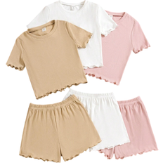 Shein 3pcs/Set Tween Girl Knitted Solid Color Fitted T-Shirt & Shorts Knitted Suits For Casual Holidays