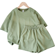 Shein Tween Girls' Music Festival Woven Solid Color Round Neck Short Sleeve T-Shirt And Shorts Set