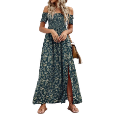 Shein Sommerkleid mit kurzem Ärmel, off-shoulder, Ditsy Blumenmuster und Schlitz