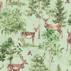 Arthouse Deer Forest Natural Sage Green Wallpaper Animal Print Woodland Trees