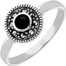 Rings C W Sellors Sterling Silver Whitby Jet Marcasite Beaded Edge Ring - Silver