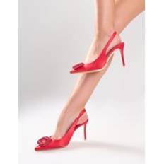 Public Desire Floss Satin Diamante Embellished Sling Back Court Heels - Red
