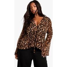 Boohoo Blouses boohoo Womens Plus Leopard Tie Front Ruffle Blouse - Brown