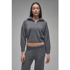Jumpers Public Desire Kaiia Knit Fold Over Collar Quarter Zip Sweater - Charcoal
