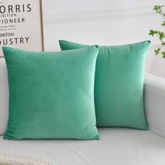 Velvet Decorative Throw Pillow Covers Set of 2 16x16 In Aqua Green